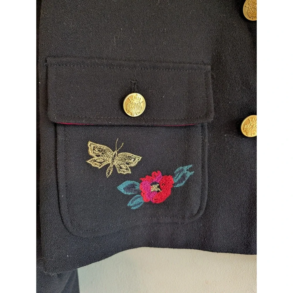 A New Day Black Embroidered Floral Military Jacket Gold Buttons Cropped 10
